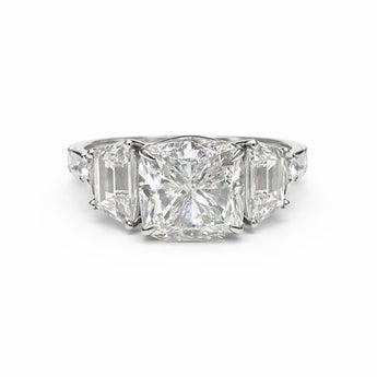 5.560 Carat Cushion Cut Diamond Engagement Ring with Emerald Side Stones