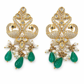 Traditional Peacock Motif Polki Diamond Earrings with Pearl & Green Onyx Drops
