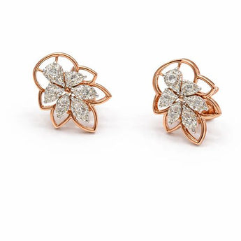 Marquise Diamond Cluster Stud Earrings - 14K Rose Gold Leaf Pattern Tops