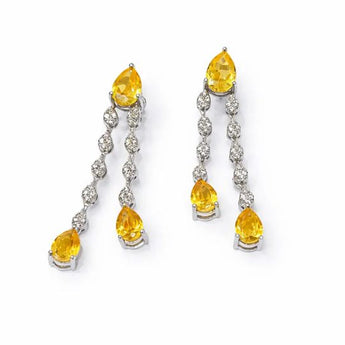 Yellow Sapphire & Diamond Double Drop Dangle Earrings in 18K White Gold