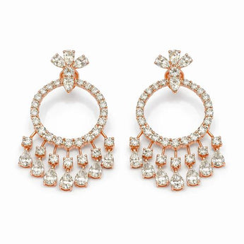 14K Rose Gold Diamond Hoop Chandelier Earrings with Pear Cut Charms