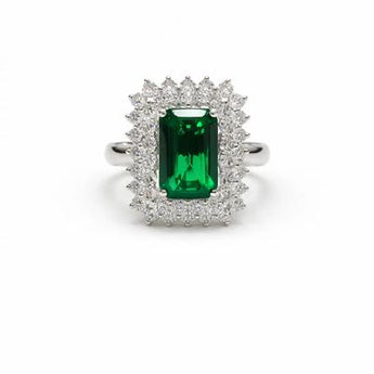 1.35 Carat Green Emerald-Cut Stone Diamond Halo Ring