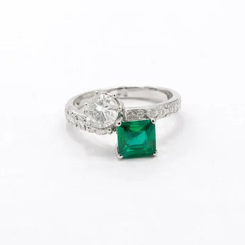 2.46 Carat Round Cut Diamond & Emerald Cut Green Stone Gold Ring