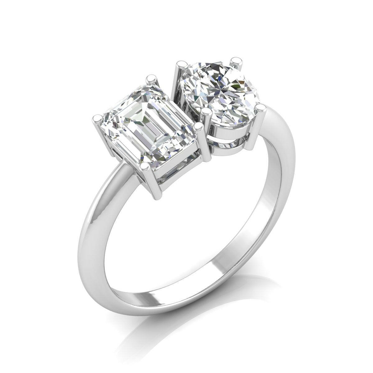 2 Carat Solitaire Emerald & Oval Shape Diamonds Ring