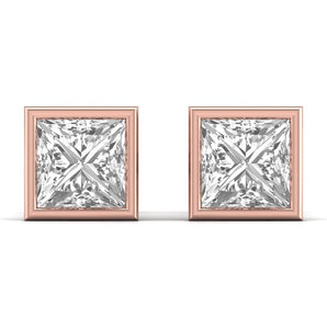 Ivana Jewels Earrings Rose Gold / 14KT 3 Carat Each Princess Shape Solitaire Diamond Bezel Setting Studs Earring
