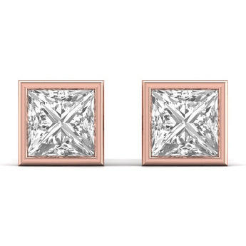 Ivana Jewels Earrings Rose Gold / 14KT 3 Carat Each Princess Shape Solitaire Diamond Bezel Setting Studs Earring