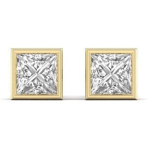Ivana Jewels Earrings Yellow Gold / 14KT 1.5 Carat Each Princess Shape Solitaire Diamond Bezel Setting Studs Earring