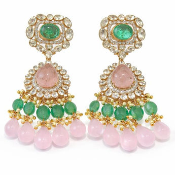 Kundan Polki Chandelier Earrings with Emerald & Rose Quartz