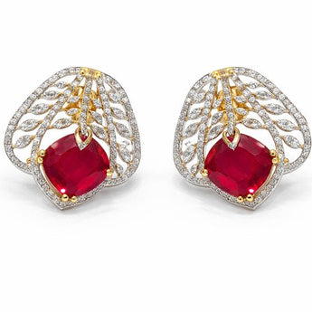 Cushion-Cut Ruby and Diamond Halo Leaf Filigree Stud Earrings