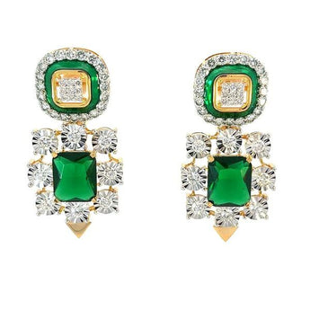 Emerald and Diamond Geometric Drop Earrings, Rectangle Green Stone Halo in Two-Tone Gold
