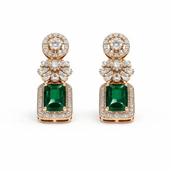 Emerald and Diamond Halo Drop Earrings